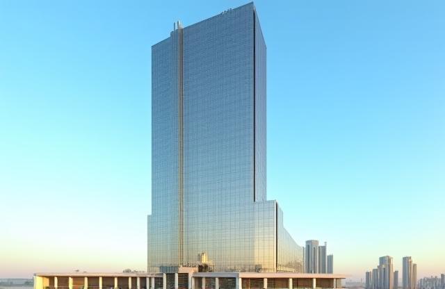 Exterior view of Aspect Tower in Dubai with a subtle map overlay reference