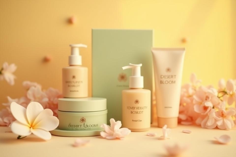 Soft focus image of Desert Bloom cosmetic products with delicate floral elements and warm lighting