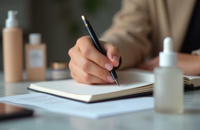 Close up of a hand writing on a notebook next to cosmetic products, symbolizing detailed feedback collection